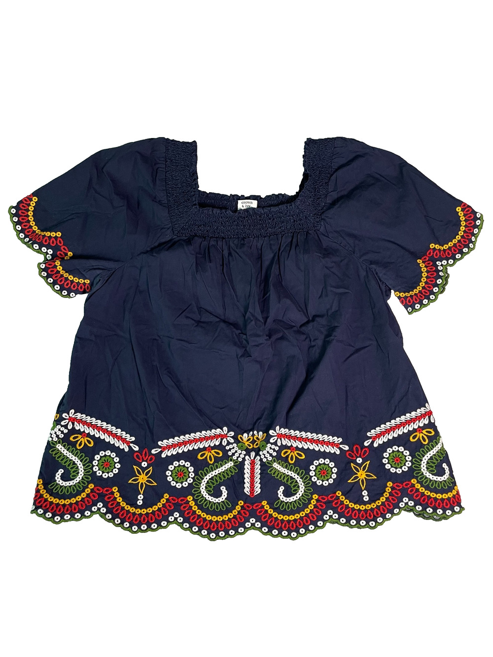 Crown & Ivy Embroidered Blouse Womens Large Navy Boho Peasant Artsy Smocked